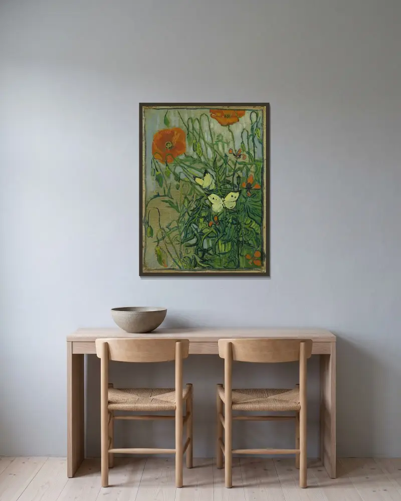 Butterflies and poppies av Vincent van Gogh inramad på en vägg