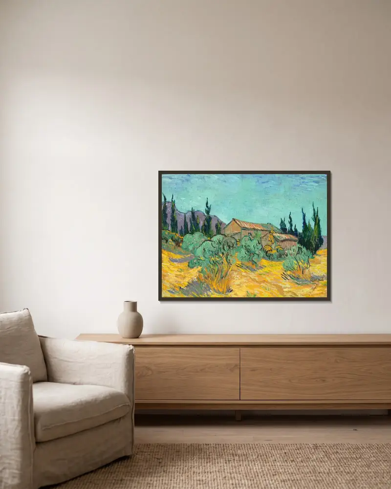 Cabanes de bois parmi les oliviers et cyprès av Vincent van Gogh inramad på en vägg