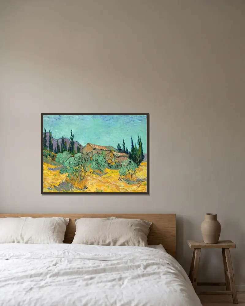Cabanes de bois parmi les oliviers et cyprès av Vincent van Gogh inramad på en vägg