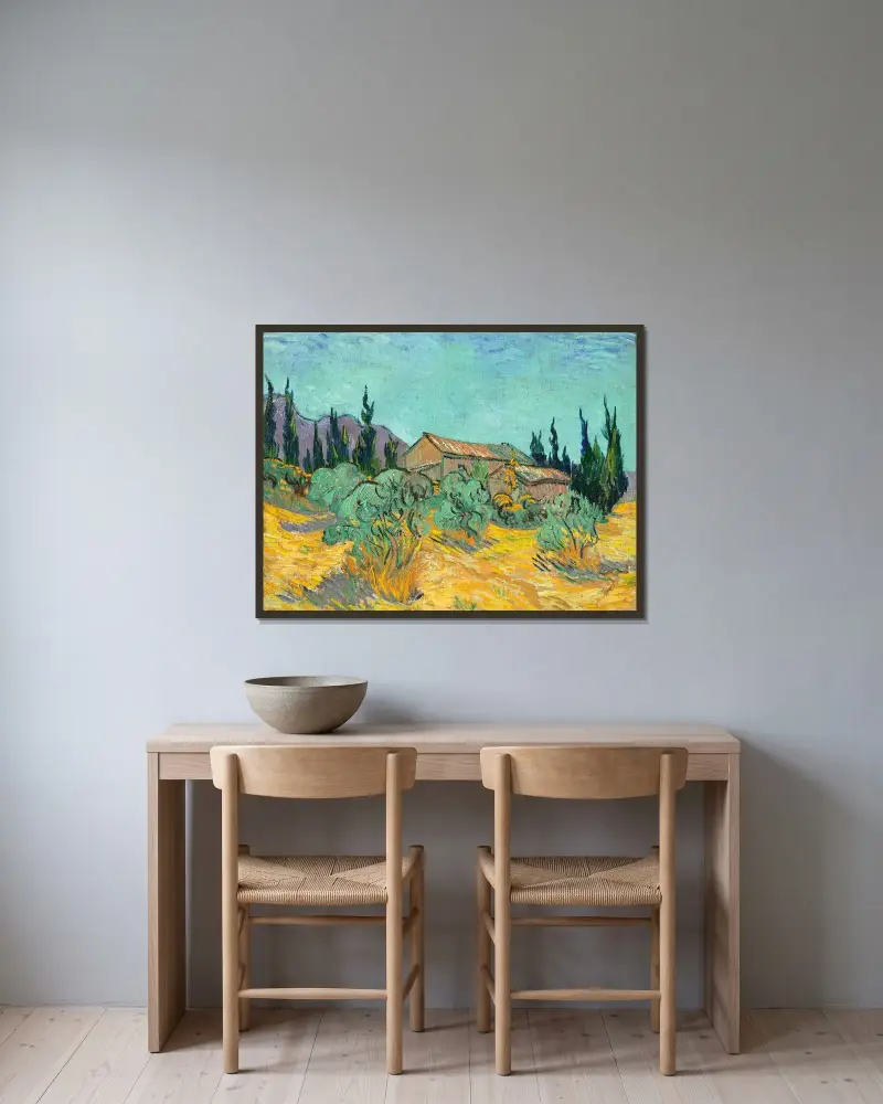 Cabanes de bois parmi les oliviers et cyprès av Vincent van Gogh inramad på en vägg