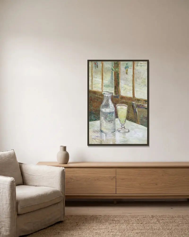 Kavárenský stůl s absintem, Vincent van Gogh v rámu na stěně