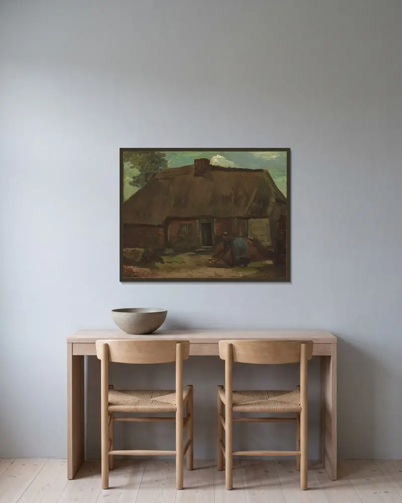 Cottage with Peasant Woman Digging av Vincent van Gogh inramad på en vägg