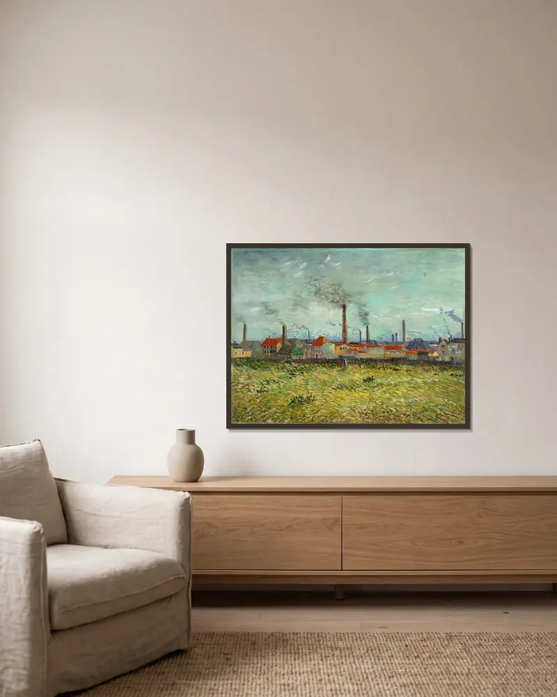 Fabriken bei Clichy von Vincent van Gogh gerahmt an einer Wand