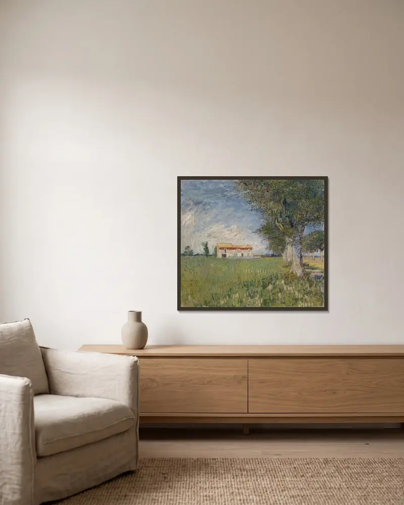 Farmhouse in a wheat field av Vincent van Gogh inramad på en vägg