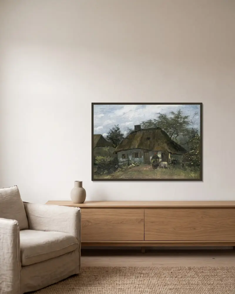 Farmhouse in Nuenen av Vincent van Gogh inramad på en vägg