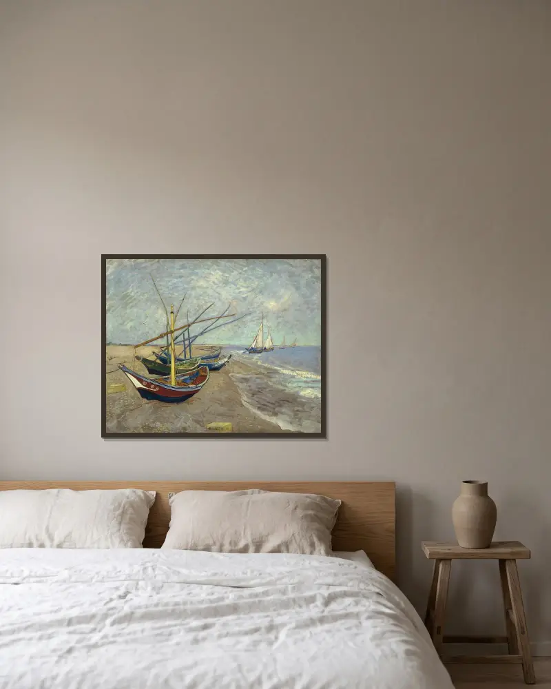 Fishing boats on the beach at Les Saintes-Maries-de-la-Mer av Vincent van Gogh inramad på en vägg