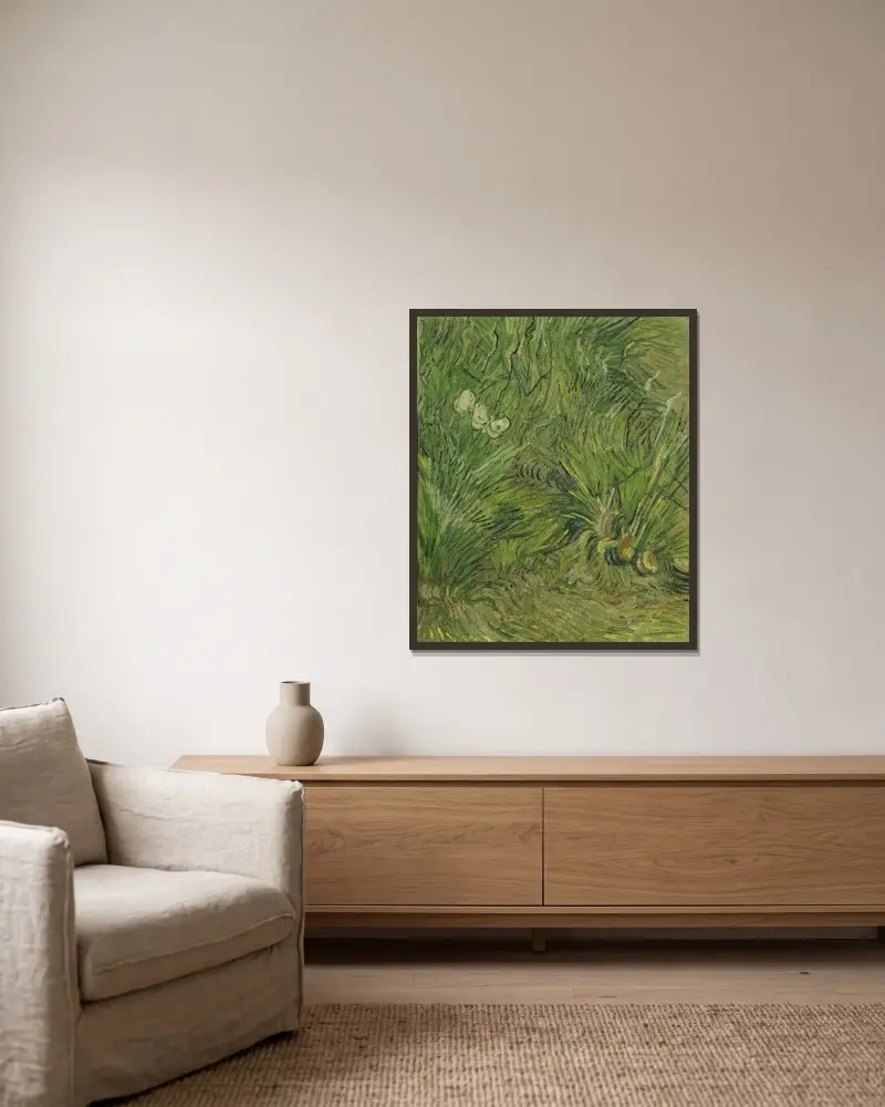 Garten mit Schmetterlingen von Vincent van Gogh gerahmt an einer Wand