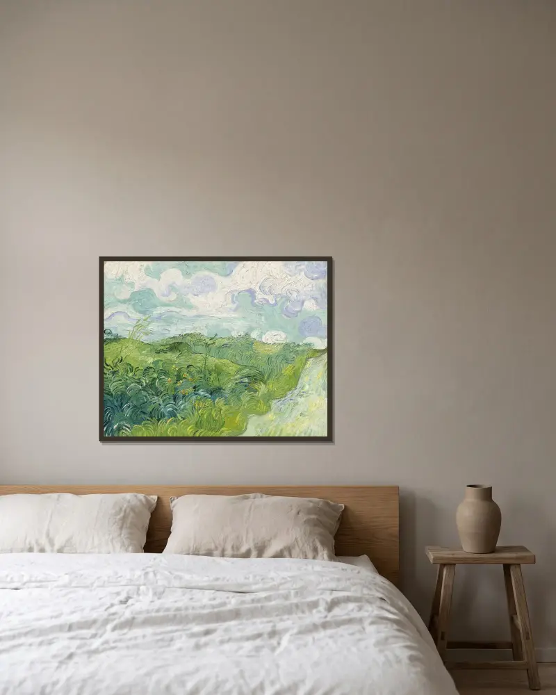 Grüne Weizenfelder, Auvers von Vincent van Gogh gerahmt an einer Wand