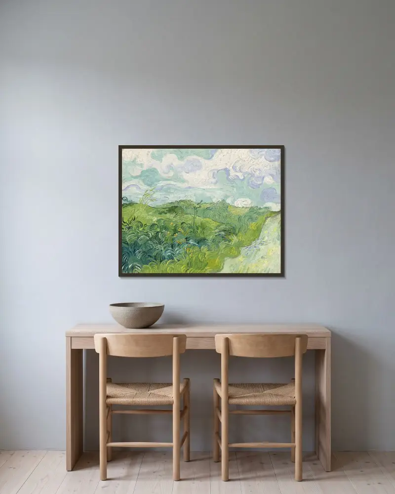 Grüne Weizenfelder, Auvers von Vincent van Gogh gerahmt an einer Wand