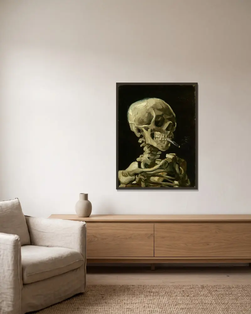 Skeletthuvud med brinnande cigarett av Vincent van Gogh inramad på en vägg