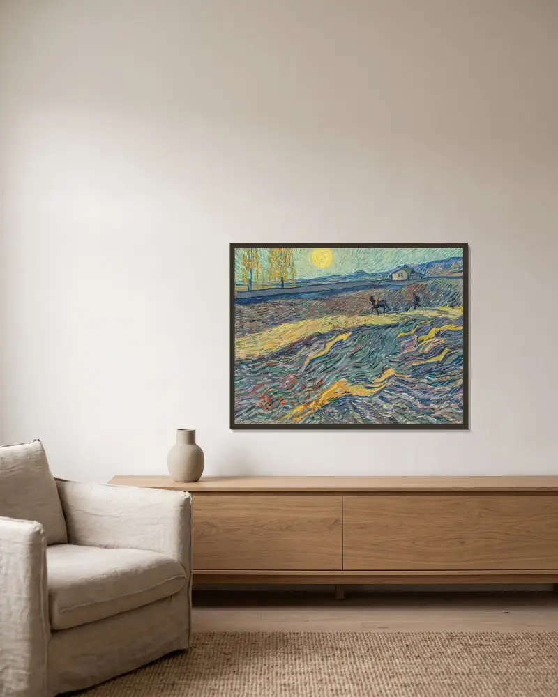 Pflügender Bauer auf einem Feld von Vincent van Gogh gerahmt an einer Wand