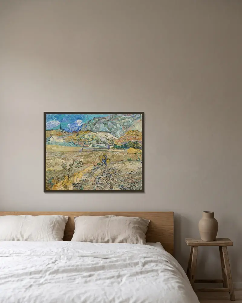 Landscape at Saint-Rémy (Enclosed Field with Peasant) av Vincent van Gogh inramad på en vägg