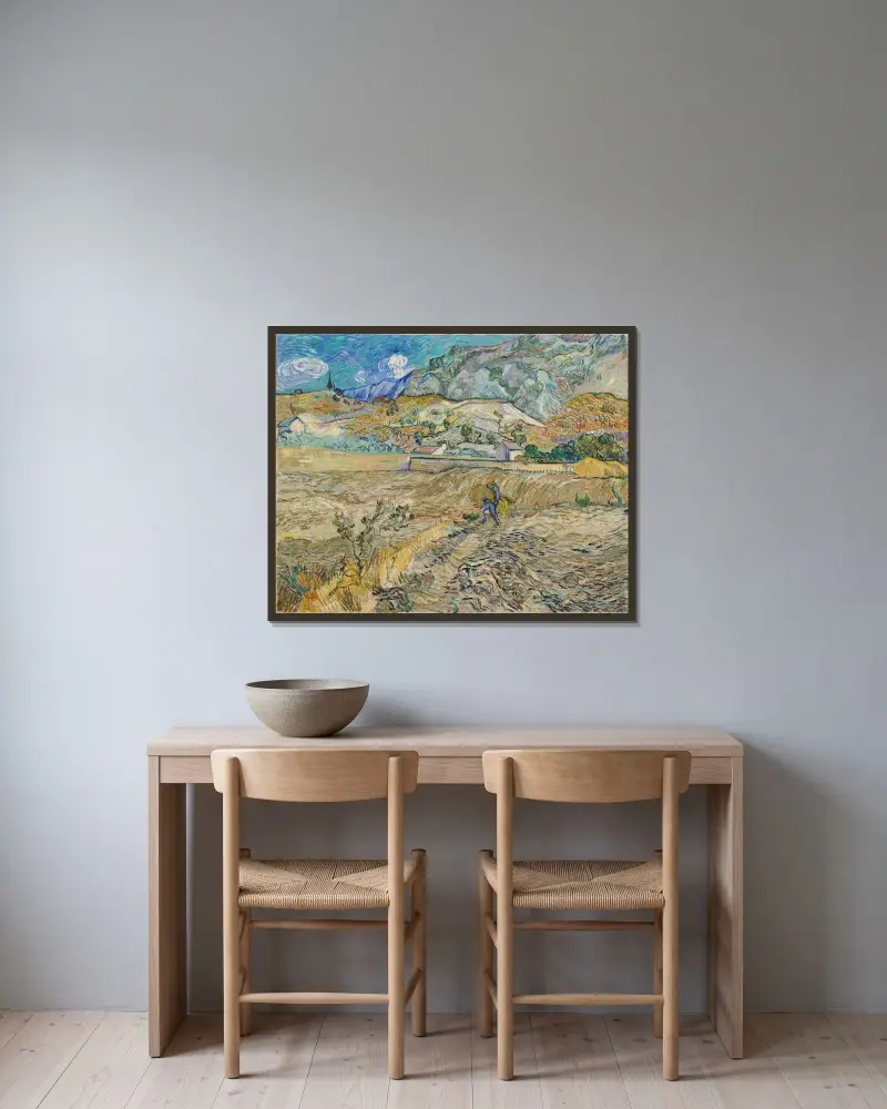 Landscape at Saint-Rémy (Enclosed Field with Peasant) av Vincent van Gogh inramad på en vägg