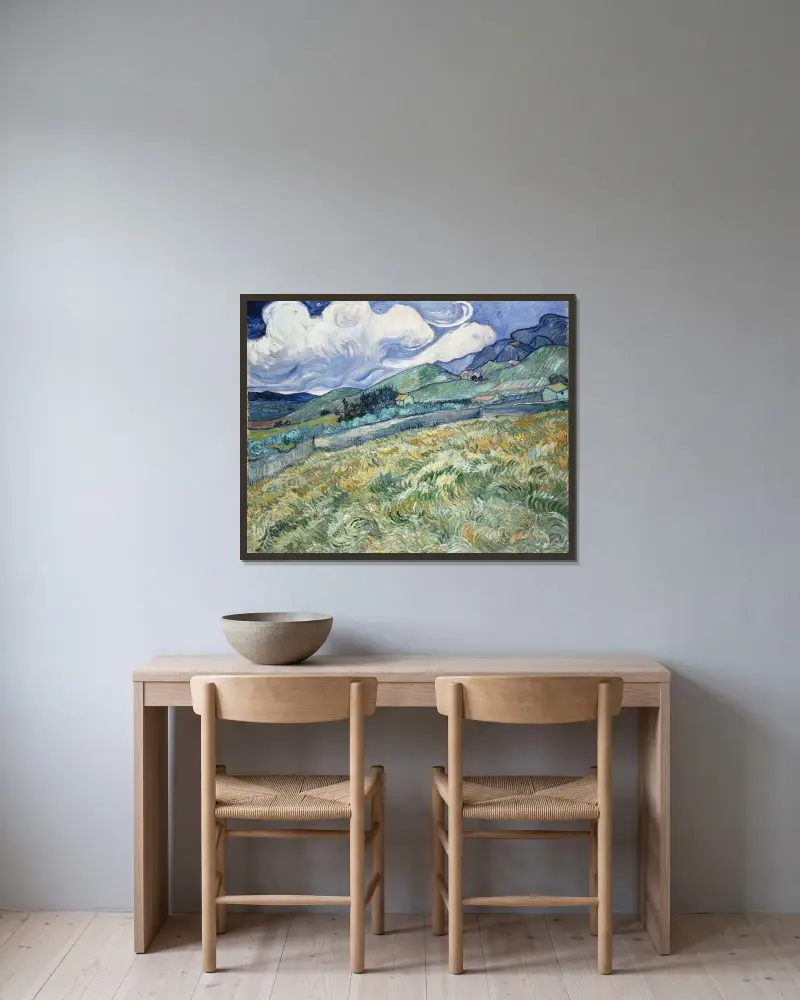 Landschaft bei Saint-Rémy von Vincent van Gogh gerahmt an einer Wand