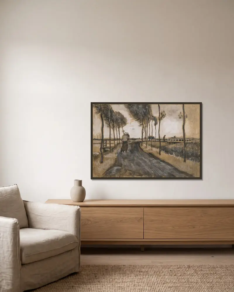 Landschap met Lopende Vrouw av Vincent van Gogh inramad på en vägg