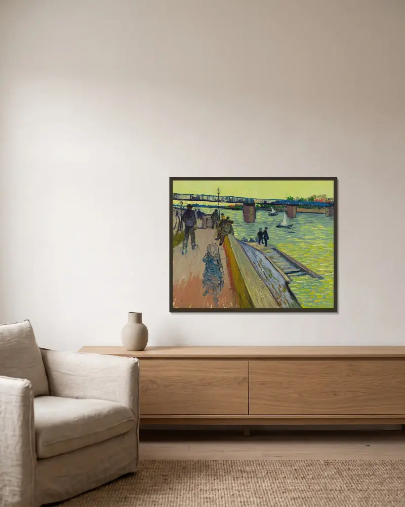 Die Brücke von Trinquetaille von Vincent van Gogh gerahmt an einer Wand