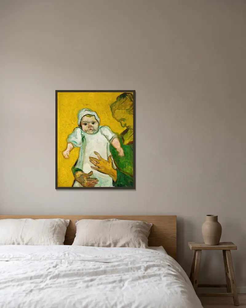 Madame Roulin and Her Baby av Vincent van Gogh inramad på en vägg