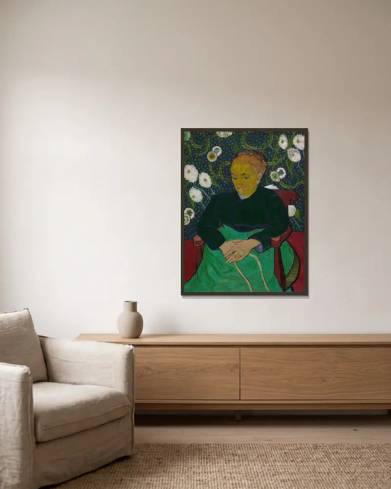 Madame Roulin Rocking the Cradle (La berceuse) av Vincent van Gogh inramad på en vägg