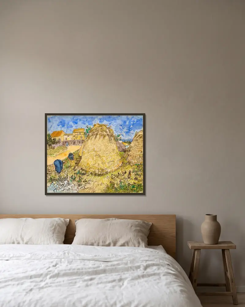 Pšeničné snopy, 1888, Vincent van Gogh v rámu na stěně
