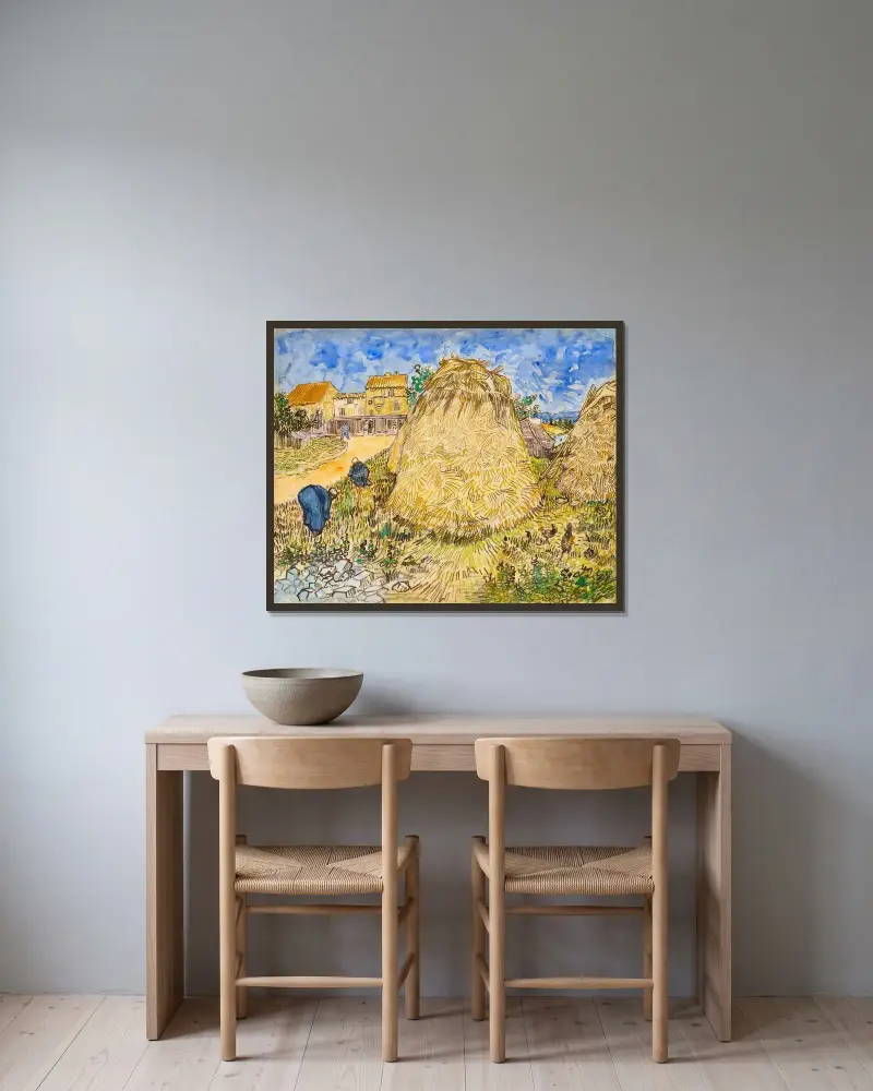 Pšeničné snopy, 1888, Vincent van Gogh v rámu na stěně