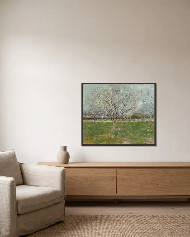 Blühender Obstgarten (Pflaumenbäume) von Vincent van Gogh gerahmt an einer Wand