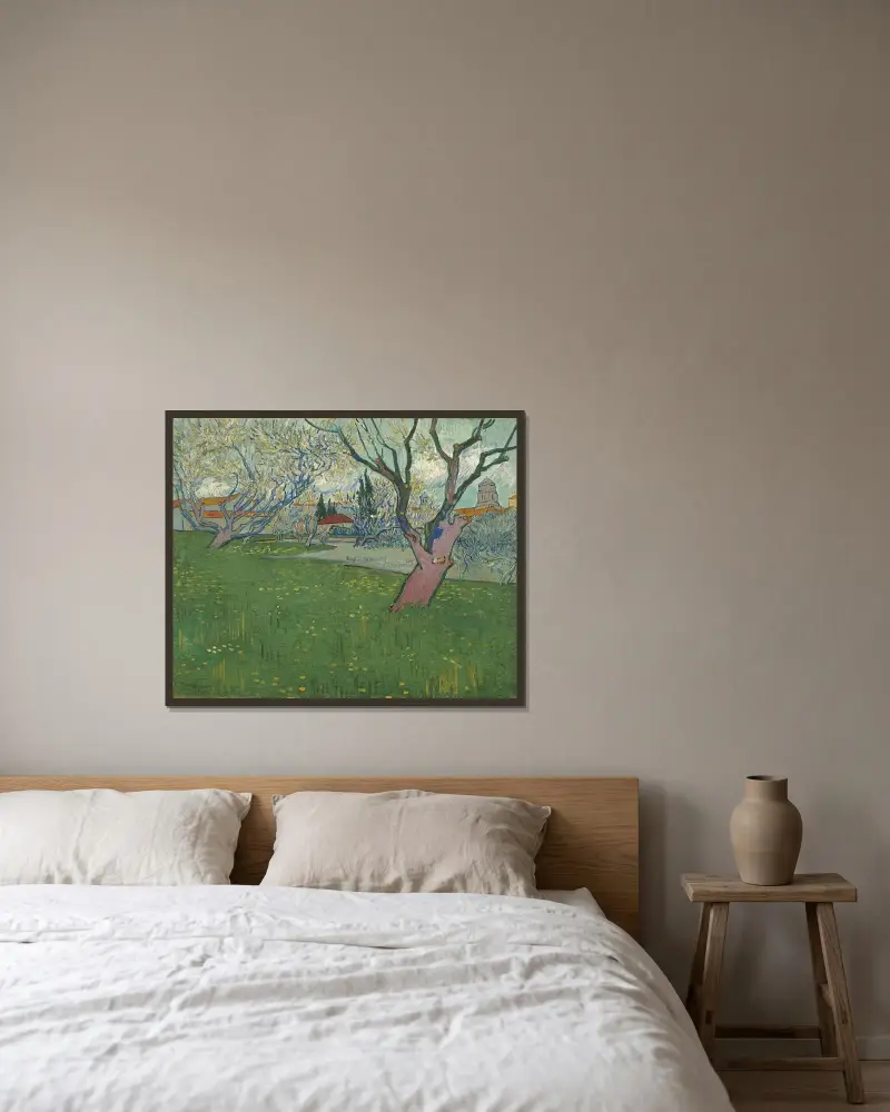 Orchards in blossom, view of Arles av Vincent van Gogh inramad på en vägg