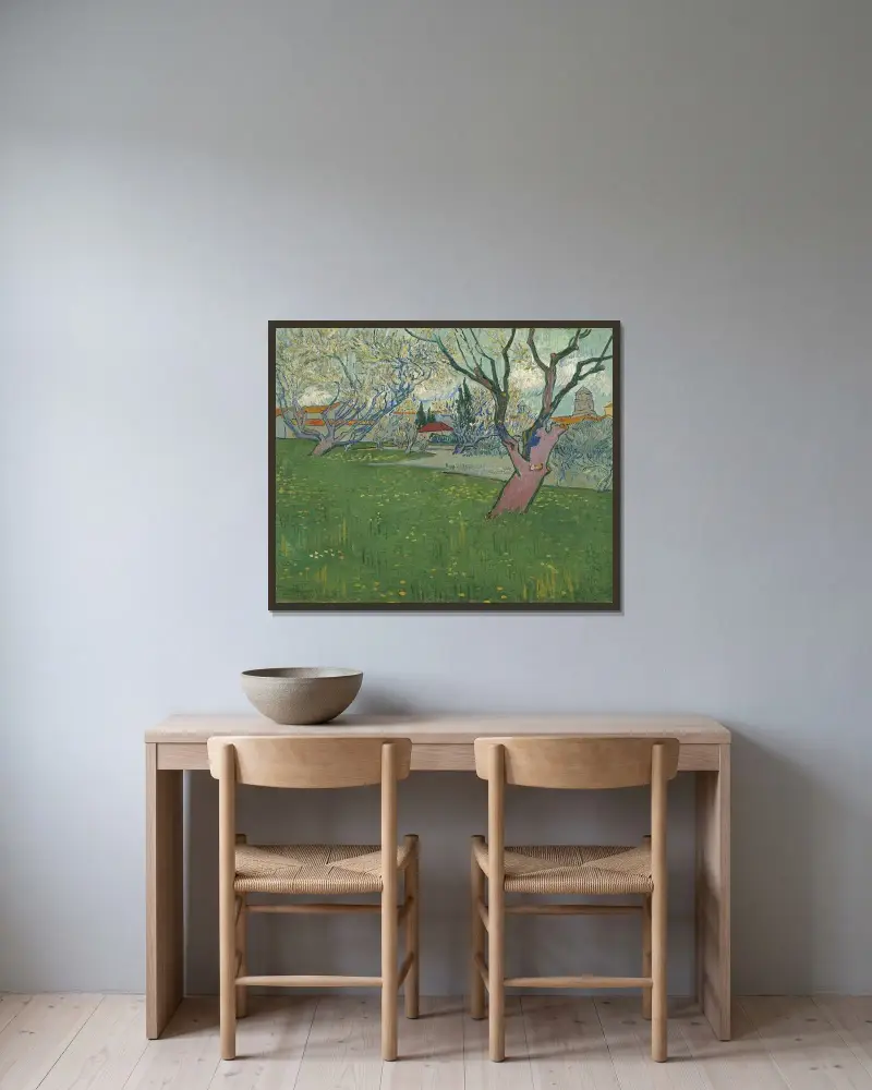Orchards in blossom, view of Arles av Vincent van Gogh inramad på en vägg