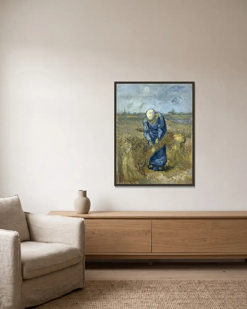 Peasant Woman Binding Sheaves (After Millet) av Vincent van Gogh inramad på en vägg