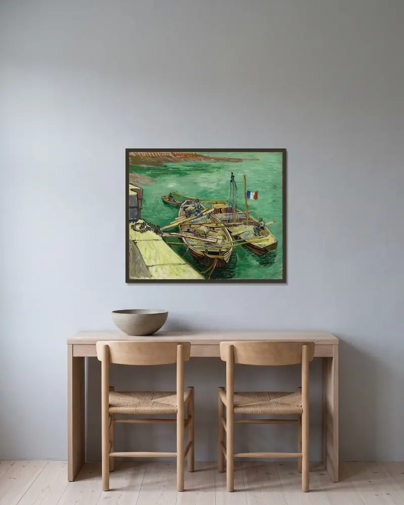 Kai mit Männern beim Entladen von Sandkähnen von Vincent van Gogh gerahmt an einer Wand
