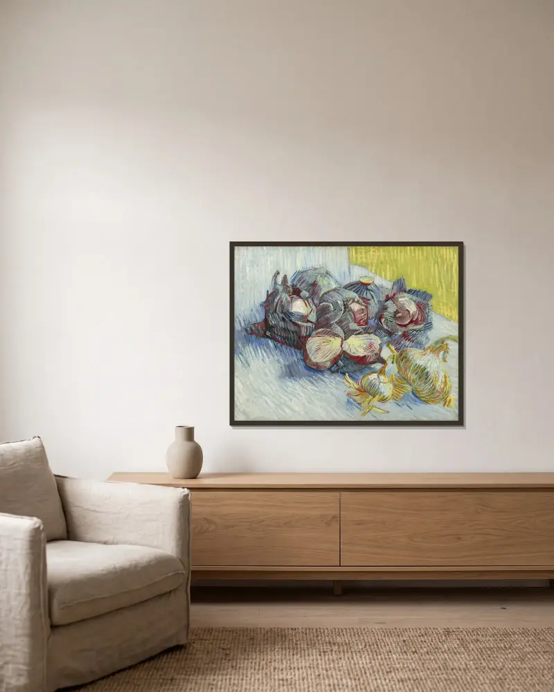 Roter Kohl und Zwiebeln von Vincent van Gogh gerahmt an einer Wand