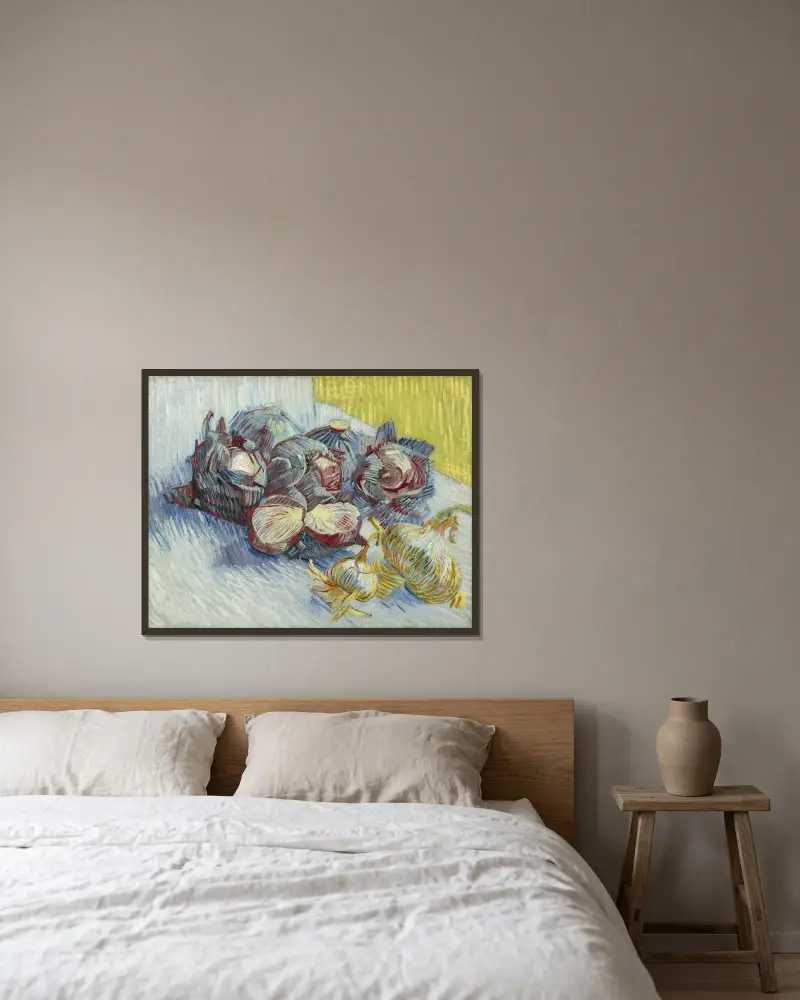 Roter Kohl und Zwiebeln von Vincent van Gogh gerahmt an einer Wand