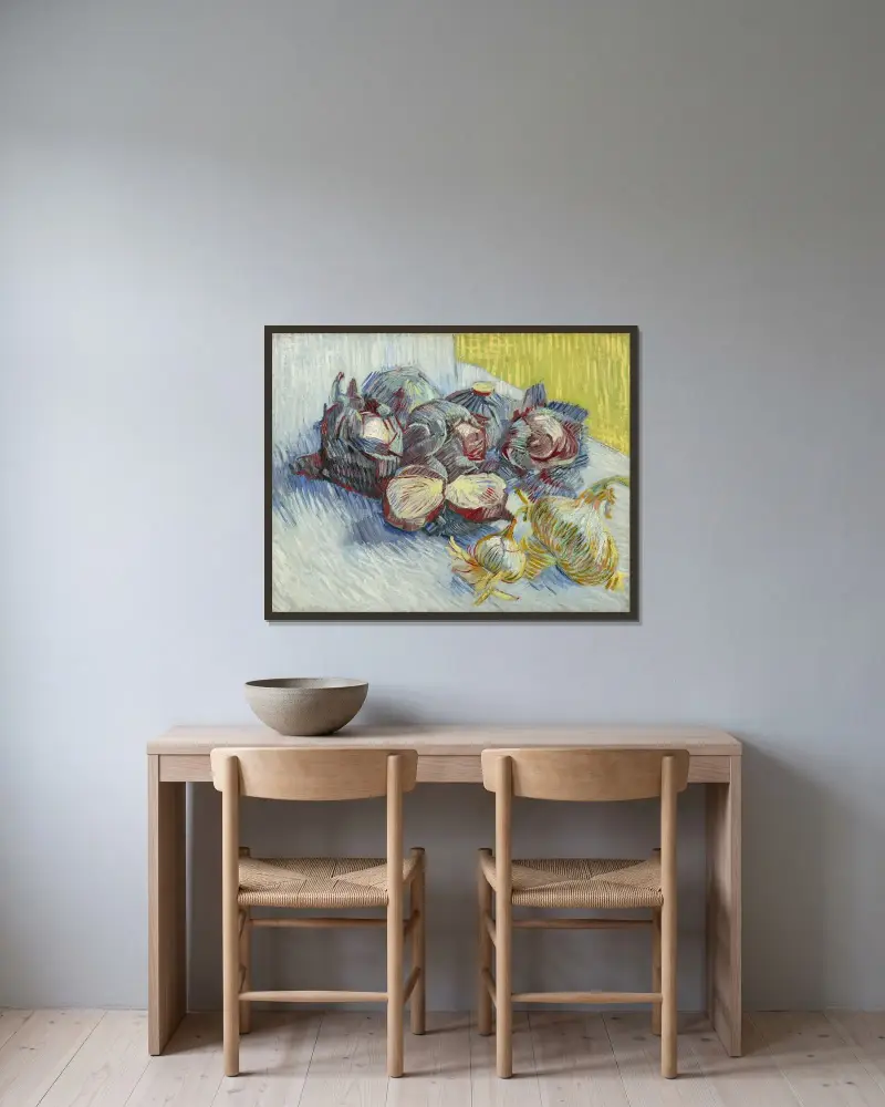 Roter Kohl und Zwiebeln von Vincent van Gogh gerahmt an einer Wand