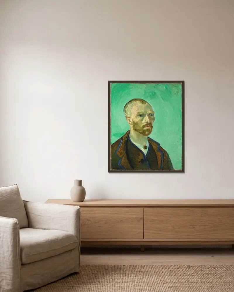 Selbstporträt (Paul Gauguin gewidmet), 1888 von Vincent van Gogh gerahmt an einer Wand