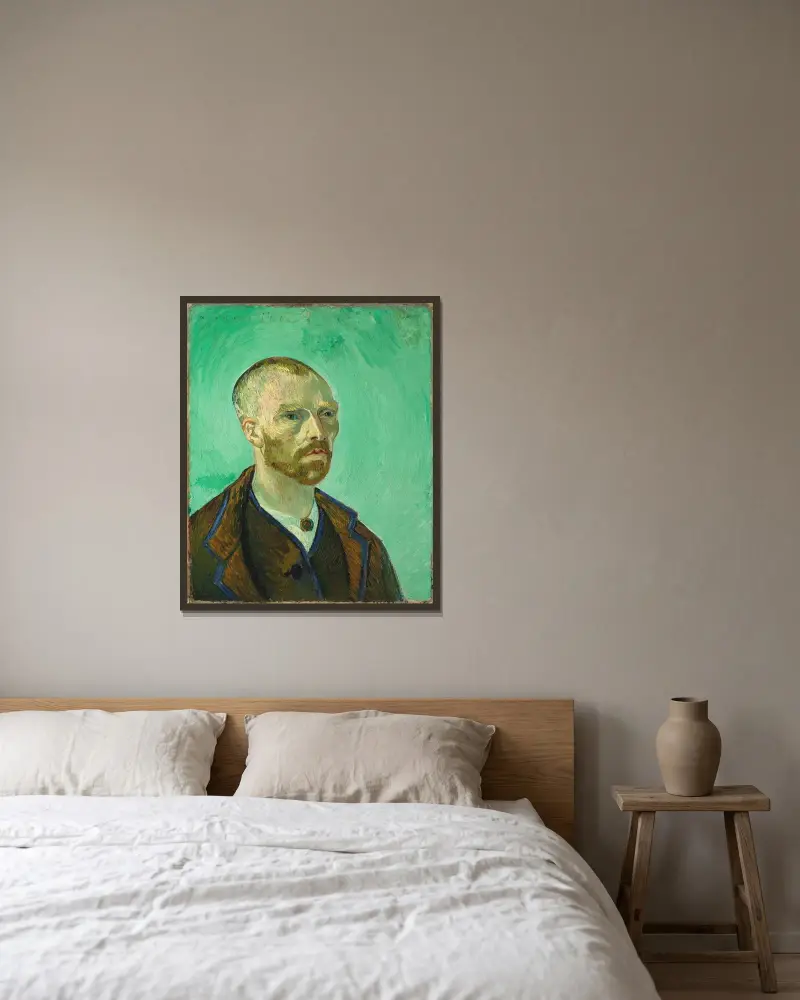 Selbstporträt (Paul Gauguin gewidmet), 1888 von Vincent van Gogh gerahmt an einer Wand