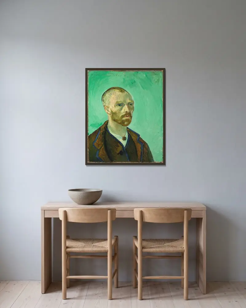 Selbstporträt (Paul Gauguin gewidmet), 1888 von Vincent van Gogh gerahmt an einer Wand
