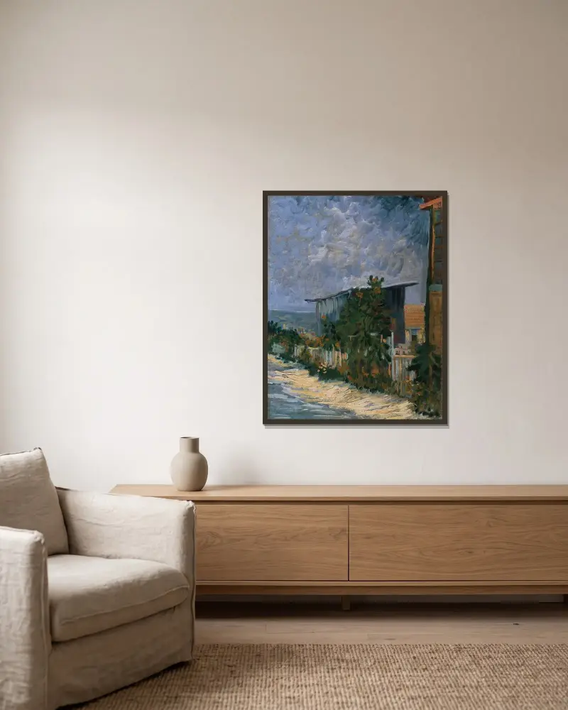 Skydd på Montmartre av Vincent van Gogh inramad på en vägg