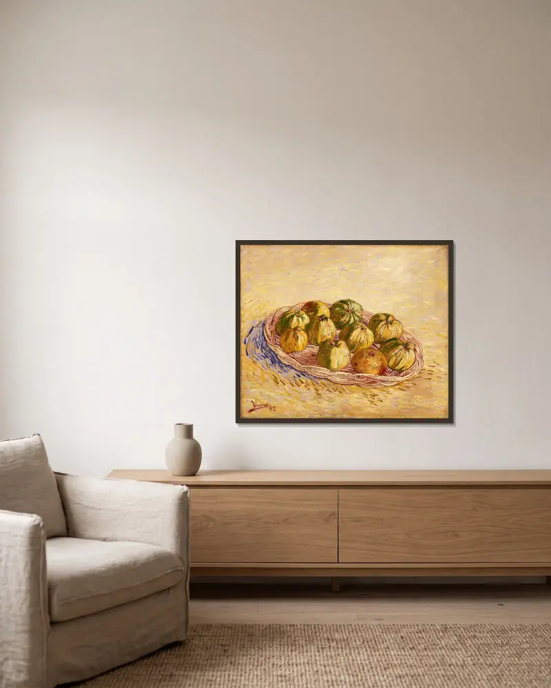 Still Life, Basket of Apples av Vincent van Gogh inramad på en vägg