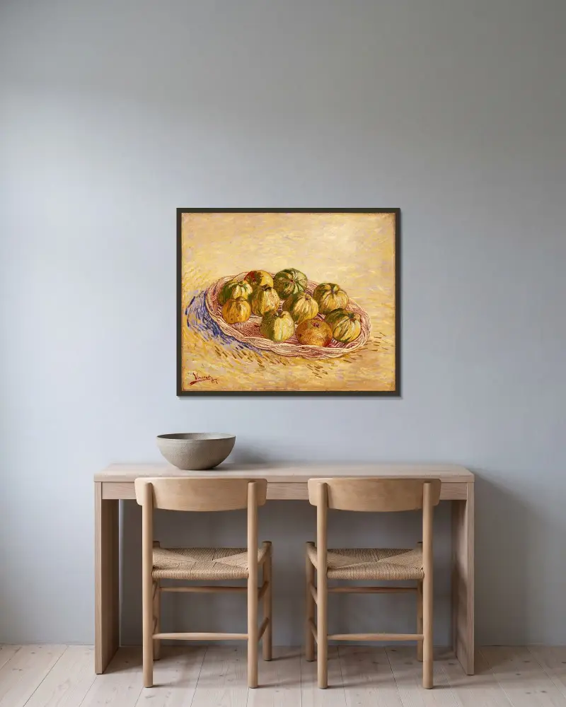 Still Life, Basket of Apples av Vincent van Gogh inramad på en vägg
