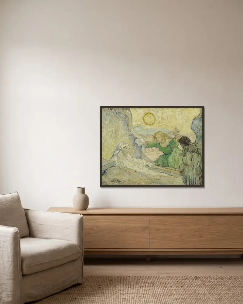 The raising of Lazarus (after Rembrandt) av Vincent van Gogh inramad på en vägg