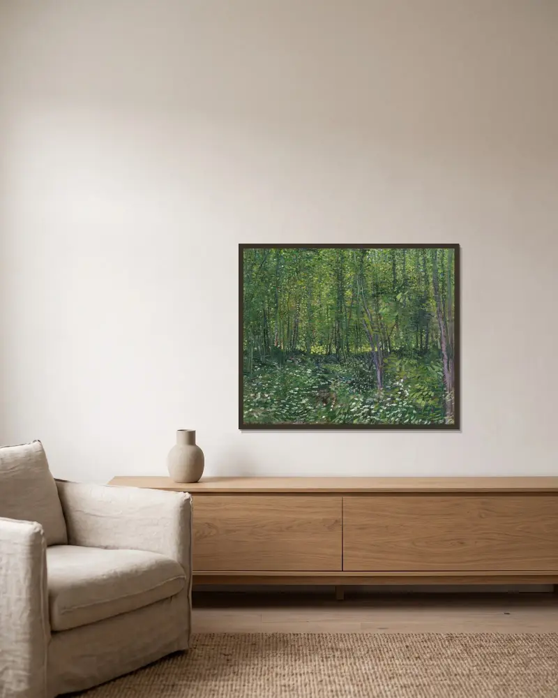 Stromy a podrost, Vincent van Gogh v rámu na stěně