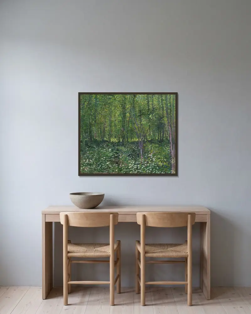 Stromy a podrost, Vincent van Gogh v rámu na stěně