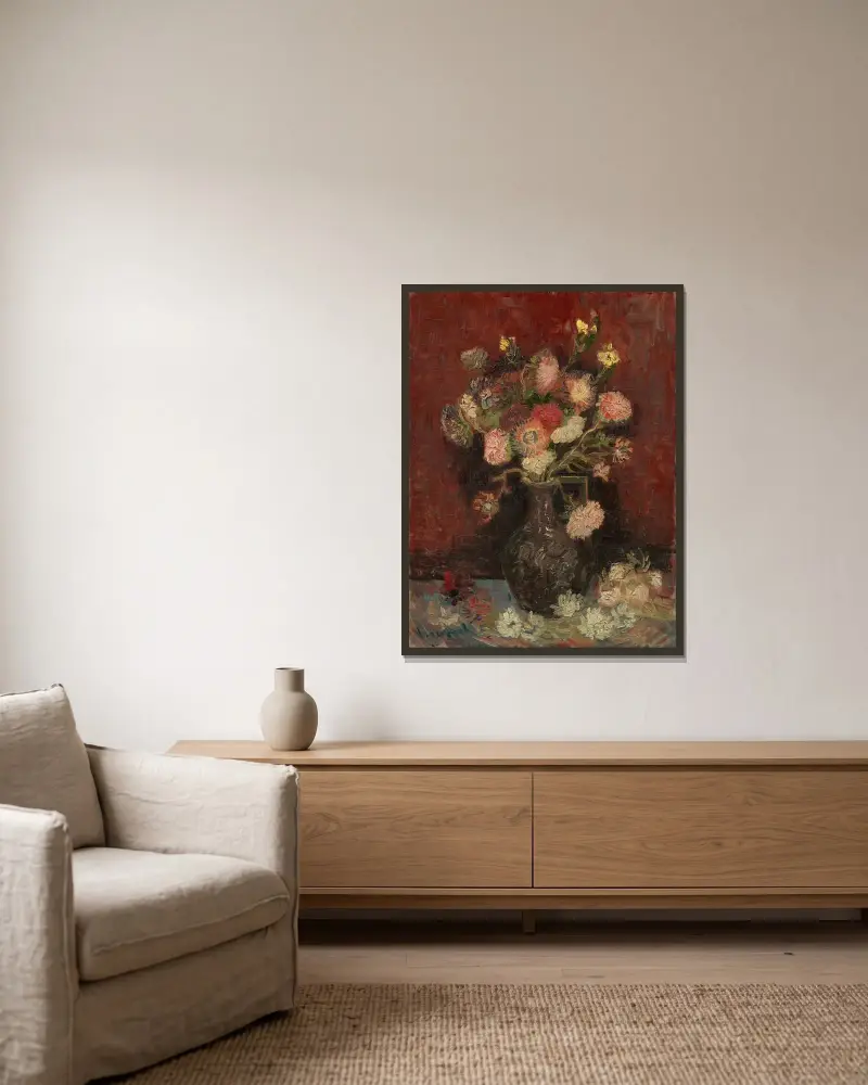 Vase with Chinese asters and gladioli av Vincent van Gogh inramad på en vägg