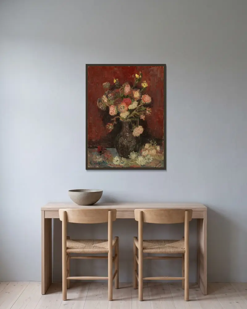 Vase with Chinese asters and gladioli av Vincent van Gogh inramad på en vägg