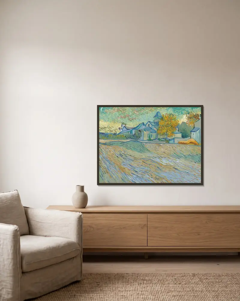 Vue de l’asile et de la Chapelle Saint-Paul de Mausole (Saint-Rémy) av Vincent van Gogh inramad på en vägg