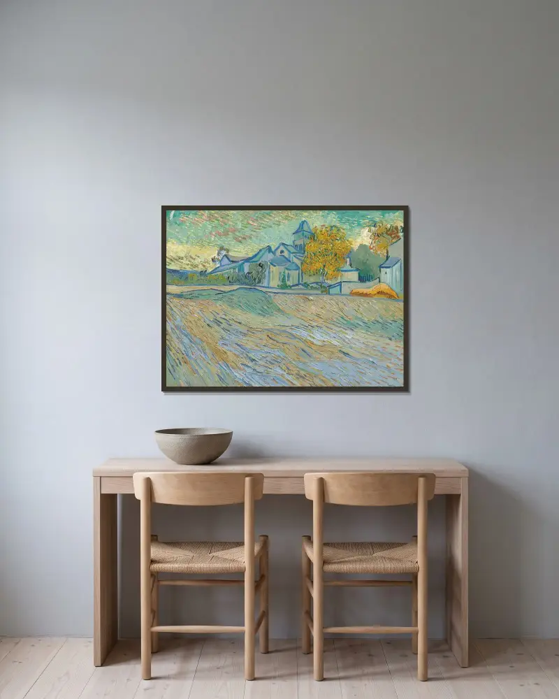 Vue de l’asile et de la Chapelle Saint-Paul de Mausole (Saint-Rémy) av Vincent van Gogh inramad på en vägg