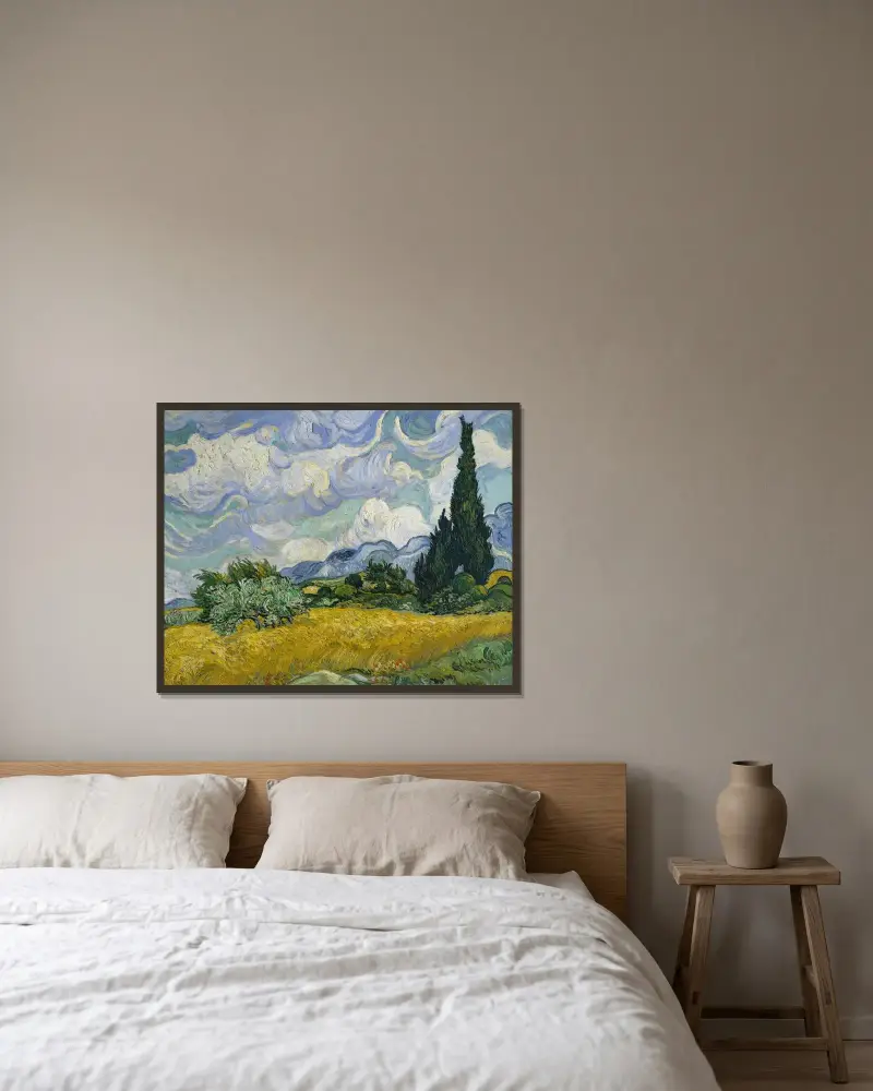 Weizenfeld mit Zypressen von Vincent van Gogh gerahmt an einer Wand