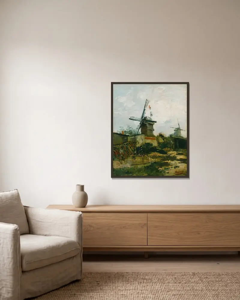 Windmills on Montmartre av Vincent van Gogh inramad på en vägg