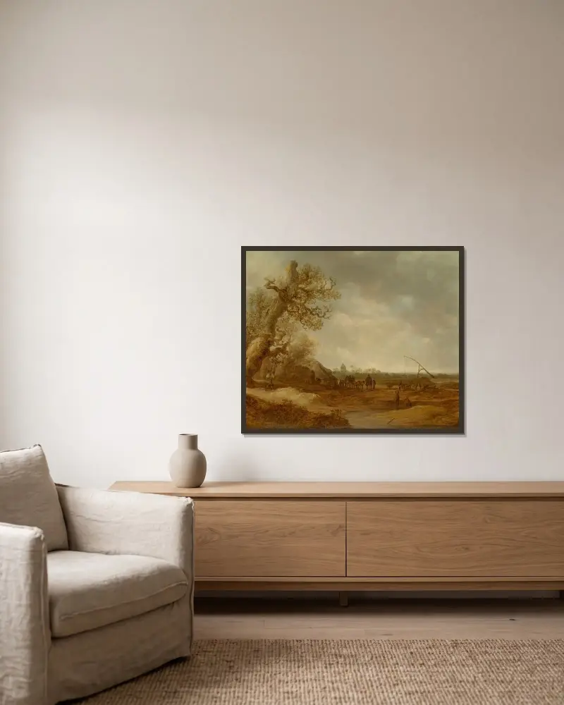 Ett dynlandskap med figurer av Jan van Goyen inramad på en vägg
