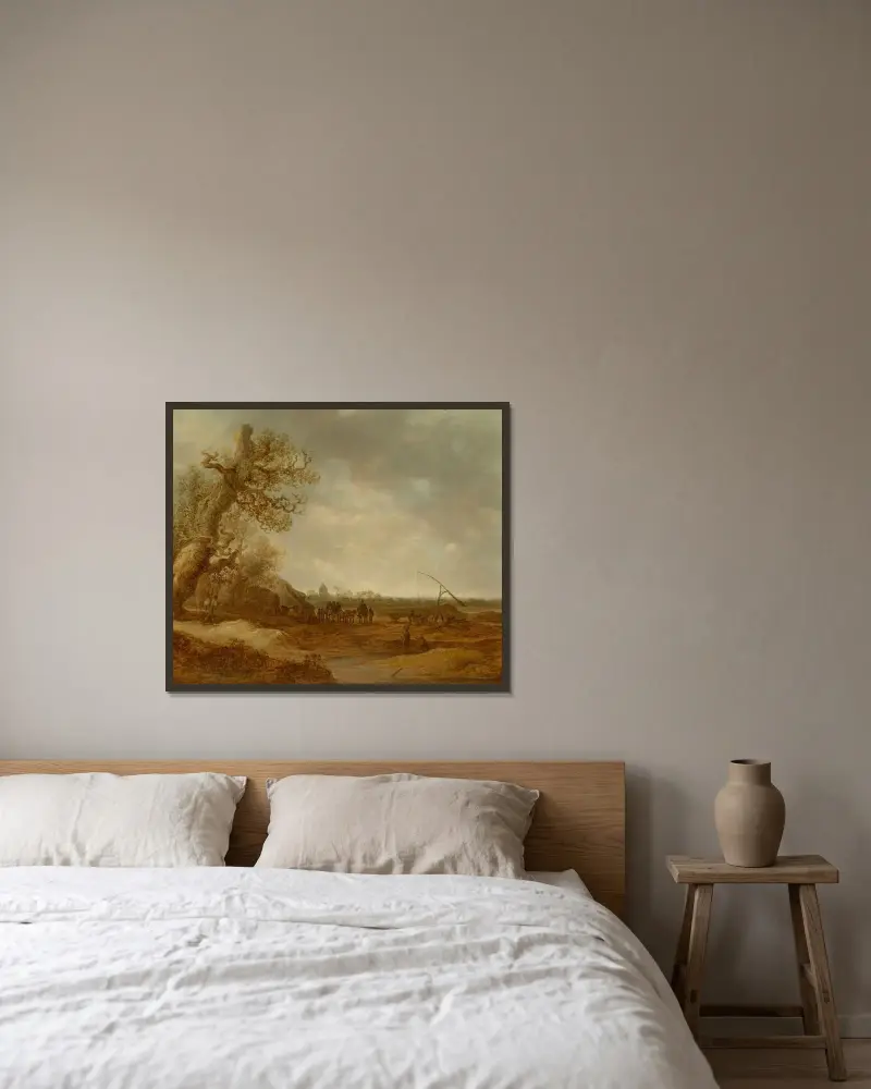 Ett dynlandskap med figurer av Jan van Goyen inramad på en vägg