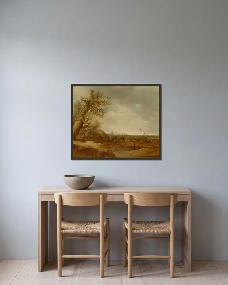 Ett dynlandskap med figurer av Jan van Goyen inramad på en vägg